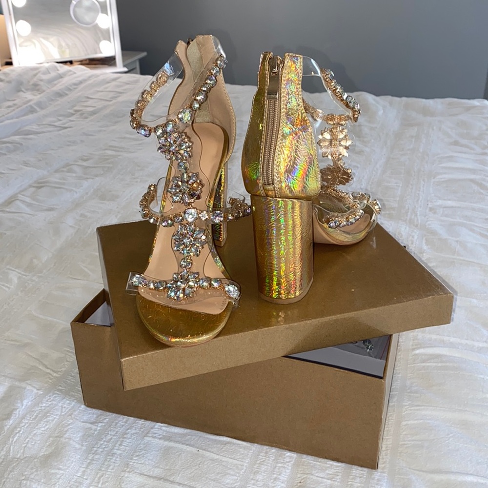 Size 9 gold and jeweled block heel. TTS